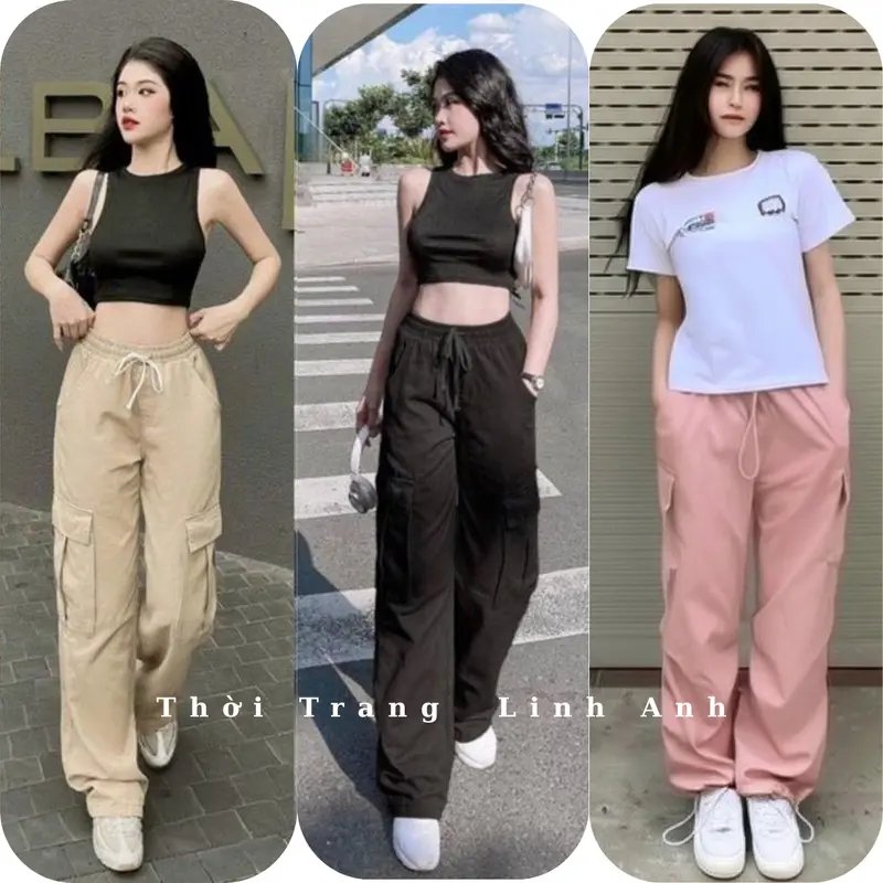 Quần ống rộng kaki túi hộp cạp chun dây rút dáng suông dài Quần kaki ống rộng lưng cao bo gấu co giãn màu Đen kem hồng Nữ Ong 0