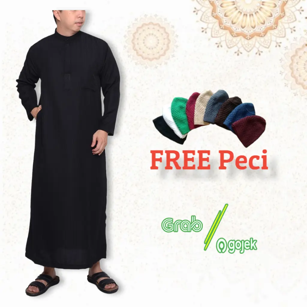 Diskon Jubah Gamis Pria Panjang Hitam Dewasa Bordir Free Peci