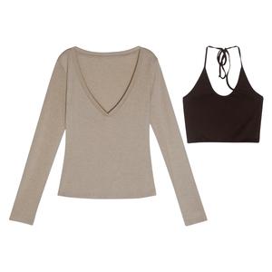 Beautiful women's clothing styles, American vintage V-neck suit women's tops, women's T-shirts for a slim and figure-hugging base layer, unique and fashionable halter neck and tie-up layered camisole two-piece clothing set TZ06 Basic Casual Vneck