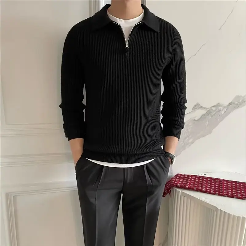 COD Men's British Long Sleeve Half Zip Polo Pullover Waffle Collar Sweater Knitted Wool Coat Solid Color Top B86