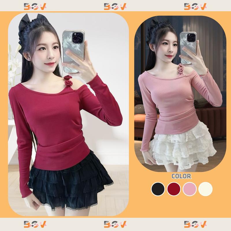 TAY DÀI -BGV - Áo Thiết kế dây hoa tiểu thư TAY DÀI hoa vải cuốn thủ công chất vải Thun Tăm Hàn mềm mịn co giãn