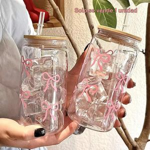 Vaso de agua con patrón de moño con tapa y popote, 1 pieza de 16oz, Vaso para agua, Vaso para café, Adecuado para té, jugo, leche, Regalo de cumpleaños