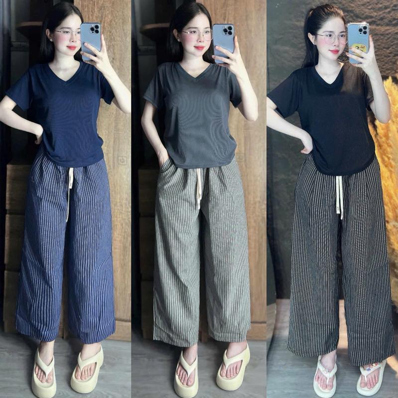 Set Bộ Áo Tăm Cổ Tim Mix Quần Suông Kẻ Sọc,  Bigsize 45-85 Kg