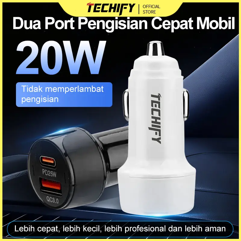 Pengisi Daya Ponsel Mobil Dua Port 20W Pengisian Super Cepat Adaptor 12V USB Tipe-C Koneksi Mudah