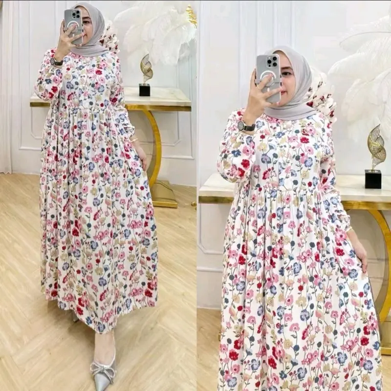 MIDI DRESS RAYON MOTIF BUNGA/ HOMEDRESS BUDUI FRIENLY WANITA MOTIF TERBARU Gamis Muslim Remaja Dewasa Fit Tebal Standar Samping 5