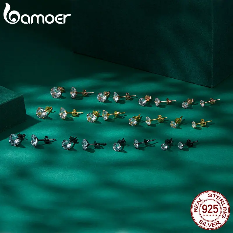 Bông Tai Đinh tán Zircon, Bamoer, Bạc Sterling 925, Dành Cho Phụ Nữ, Trang Sức Thời Trang, Phụ Kiện Hàng Ngày