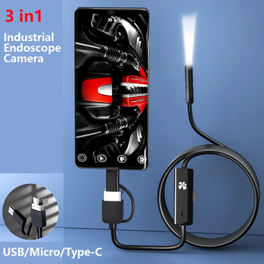 5.5mm Industrial Endoscope Camera 3 in 1 Micro/Type-c/USB HD IP67 Waterproof Pipeline Camera Direct Connected Camera for Android Phone and Computer