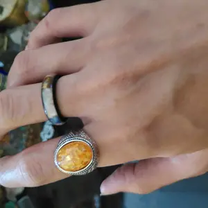 Cincin Batu Amber Oranye Oranye Faux Vintage Pria yang Dipersonalisasi Desain Pola Tali Cincin Punk Perak Hitam Punk Pria Faux Topaz Aksesori Busana Pesta Pernikahan Original Ring