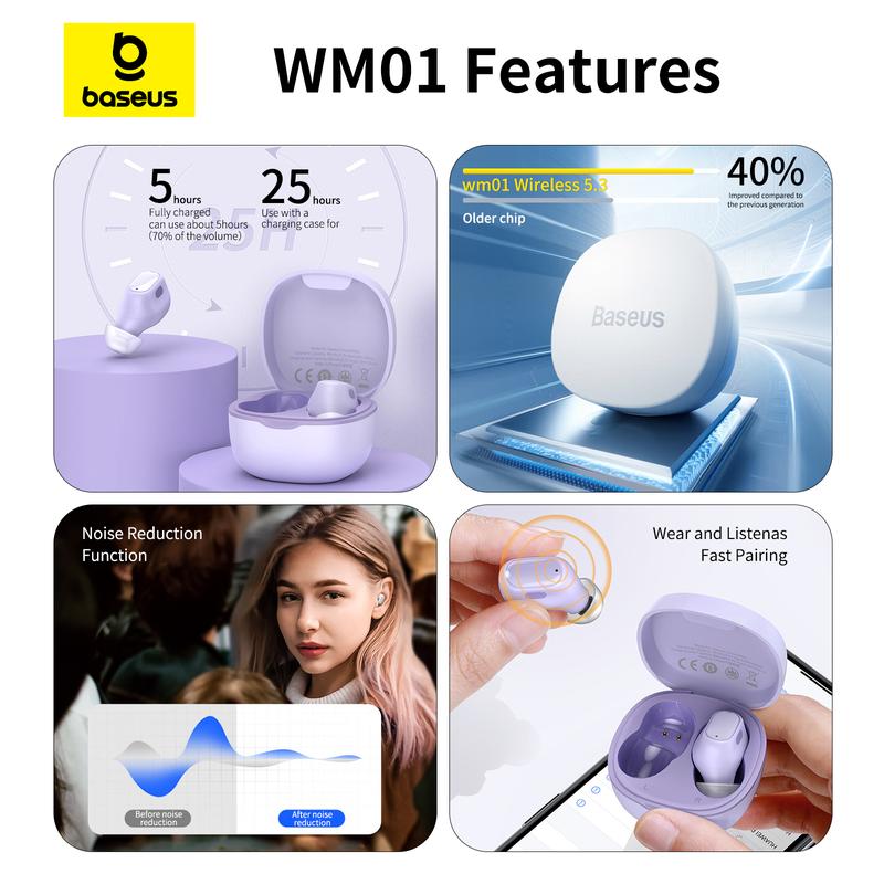 Baseus Encok WM01 True Wireless Bluetooth Earphone Pengurangan Kebisingan Tahan Air Mini Earbuds TWS Headphones Biru 3