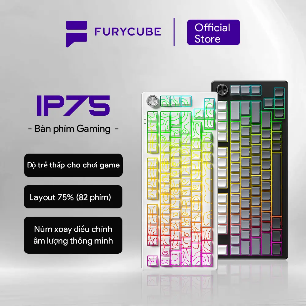 Bàn phím màng giả cơ FURYCUBE IP75, gõ êm ái, cảm giác thoải mái, núm xoay RGB thông minh, hiệu ứng gradient hai màu, keycap tròn PBT, thiết kế hai lớp, xuyên sáng IP75, phím mượt toàn bộ, bố cục 75%, tương thích Windows/Mac