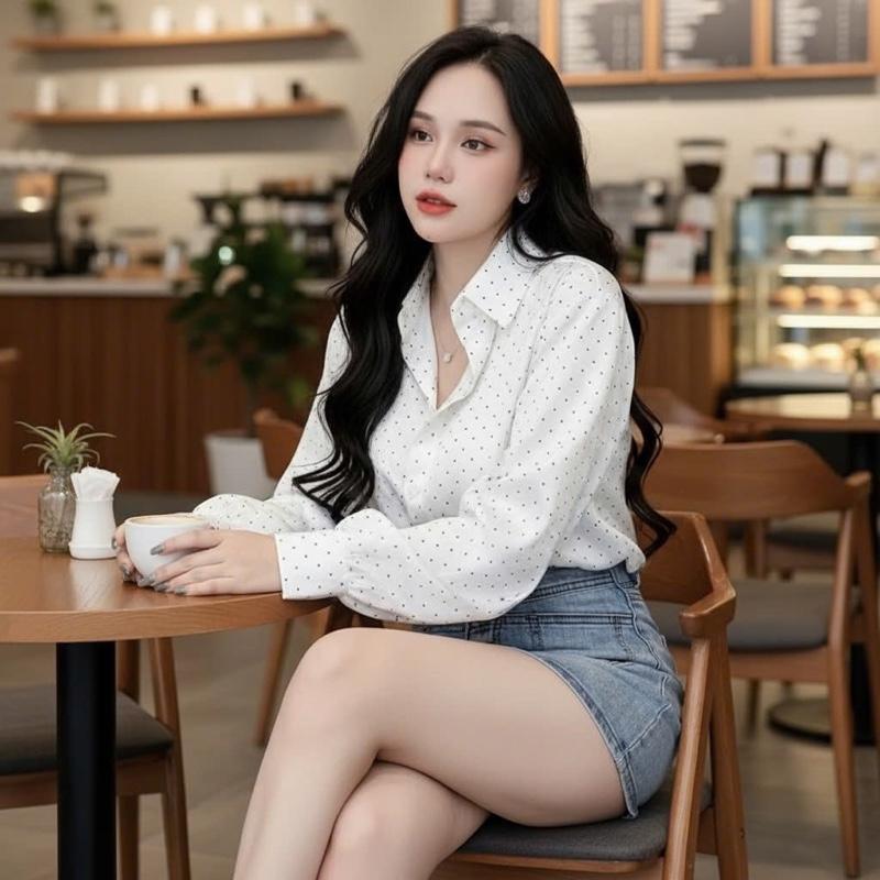  Áo sơ mi dáng rộng Fom dấu quần. Vải lụa tằm đính đá. Dày dặn mềm rũ. Fom xịn chuẩn QC. Freesize cho chị e dưới 65kg 