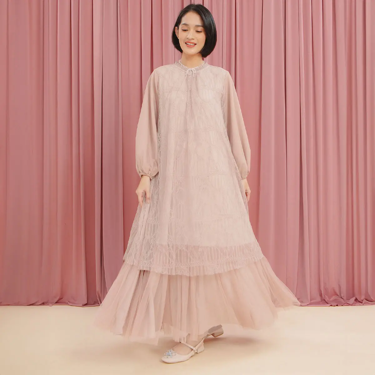 HijabChic Syahira Mocca Dress - Dress Kondangan Brukat Tulle Elegan Best Seller