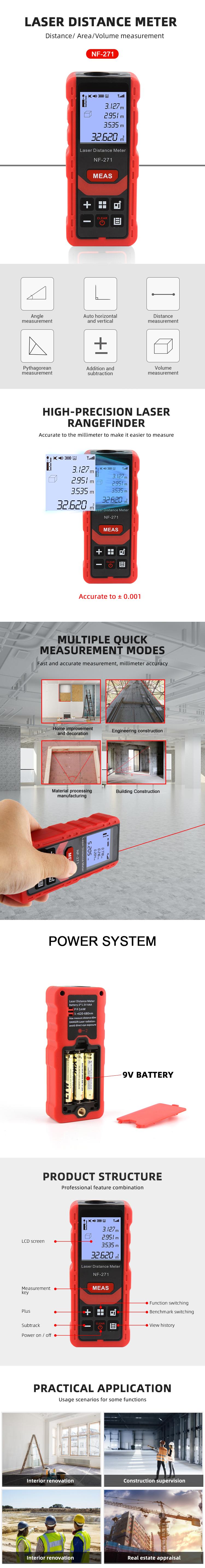 Product Introduction of Noyafa Nf-271 Laser Distance Meter 50/70M Electronic Roulette Digital Rangefinder Metro Range Finder Measuring Tape Tools 6