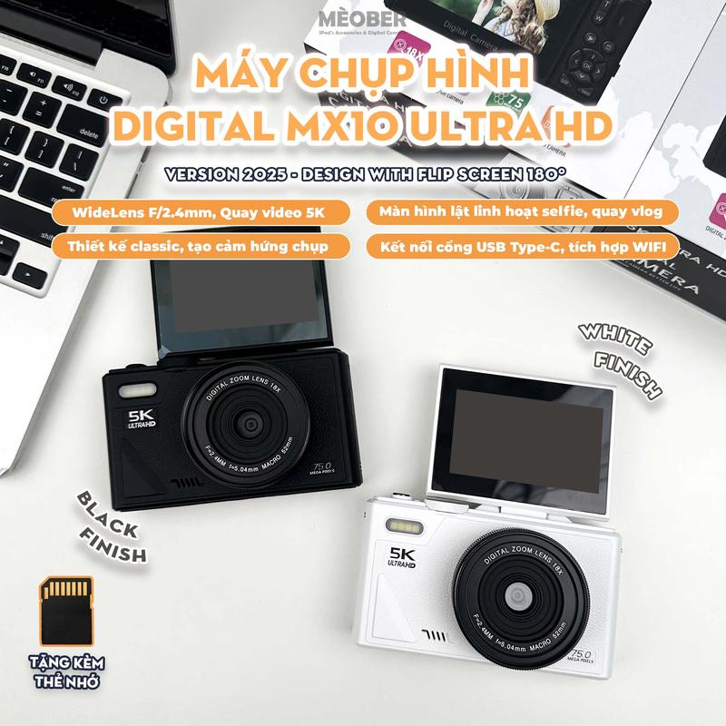 MèoBer Máy Chụp Hình Digital MX10 UltraHD - Chụp Ảnh 75MP Quay Video 5K Màn Hình Lật Tích Hợp Wi-Fi Thiết Kế Classic Phù Hợp Du Lịch & Cafe Chụp Ảnh