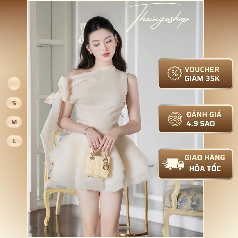 Đầm dự tiệc dáng ngắn lệch vai buộc nơ xòe tầng màu kem size S M L sang trọng Váy Dự Tiệc Lệch Vai Xoè Chất Tơ Xốp Đầm body nữ lưới cổ bèo trễ vai dáng xòe Đầm voan tơ trễ vai xoè bồng