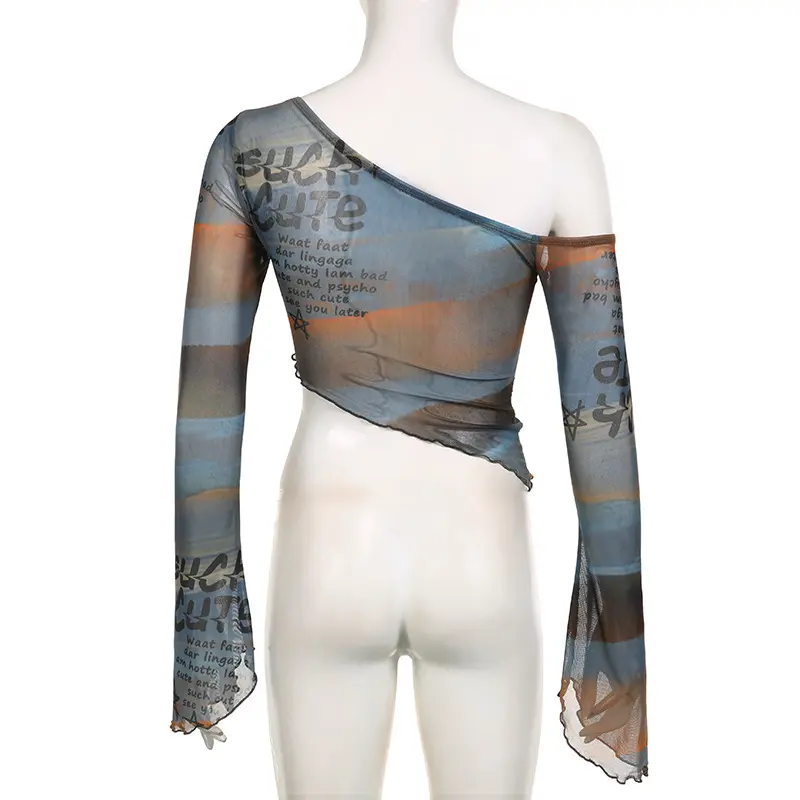 [HEYSOUL] Crop Top Asimetris Transparan One Shoulder Gaya Korea Y2K Atasan Cewek Kekinian Bahan Mesh Motif Tulisan Aesthetic Edgy Outfit OOTD Streetwear Korean Look Baju Wanita Muda Fashion Stylish Tampil Beda Buat Nongkrong atau Hangout Casual Basic Unik 6