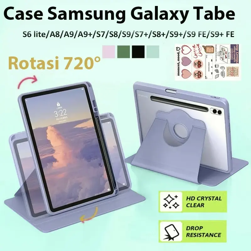 Penutup For Casing Galaxy Tab S6 720Rotate Flip Case Tab 6 Lite/A8/A9/S7/S8/S9/S7 FE/S9 FE/S9 FE+ PLUS Autolock Foldable Cover S7 Plus S8 Plus S9 FE+ Acrylic Crystal Clear Protective Tablet Holde pen  Protection case  Transparan casesamsung tab Hitam