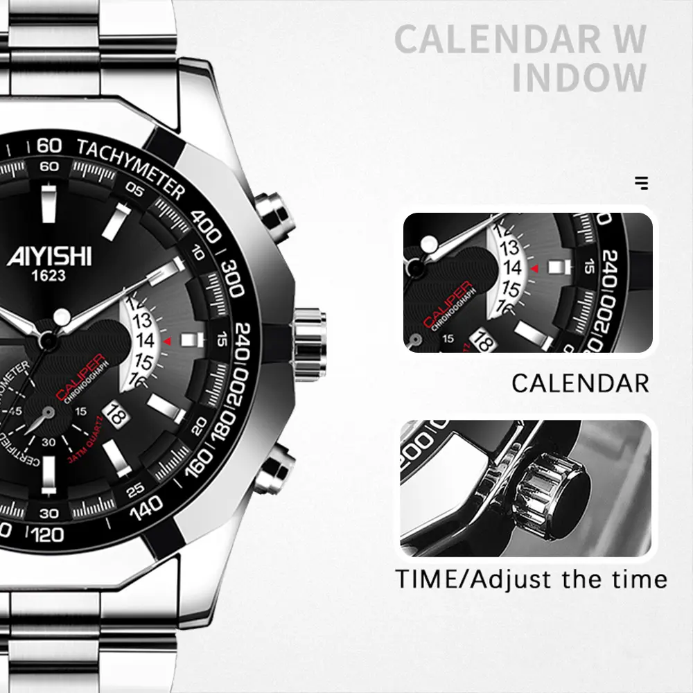 AIYISHI Jam Tangan Pria Mewah & Sporti 1623 Multifungsi Tahan Air 30M Dial Hitam Bodi Stainless Steel Garansi 2 Tahun Kaca Kristal Kuarsa Otomatis AIYISHI Jam Tangan Pria Mewah & Sporti 1623 Multifungsi Tahan Air 30M Dial Hitam Bodi Stainless Steel Garansi 2 Tahun Kaca Kristal Kuarsa Otomatis