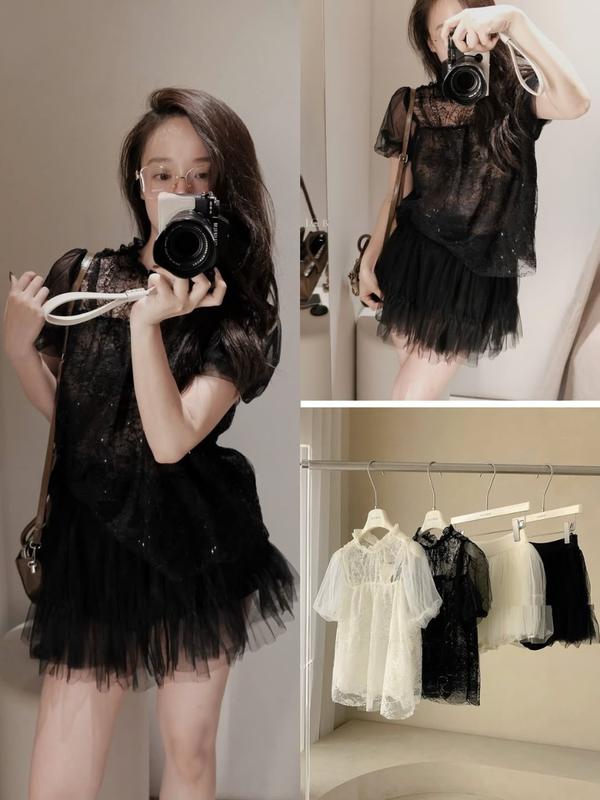 [M25] Set áo ren nữ xuyên thấu kèm chân váy lưới nhiều tầng đậm chất tiểu thư