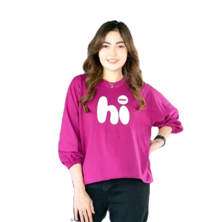 KAOS LENGAN PANJANG MOTIF HI                    -atasan wanita T-shirt Blouse with say Hi t-shirt opersize Baju crop top casual lerist 0