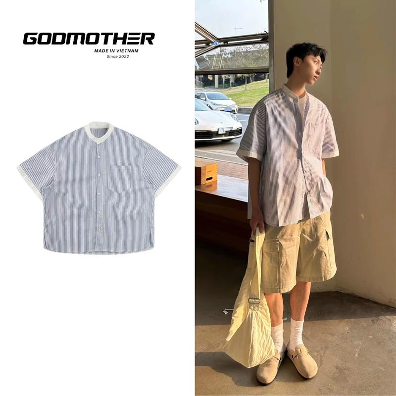 Áo Sơ Mi Kẻ Cộc Tay GODMOTHER Áo Sơ Mi Cổ Lọ Form Rộng Unisex Nam Nữ Trẻ Trung Phong Cách Hàn Quốc