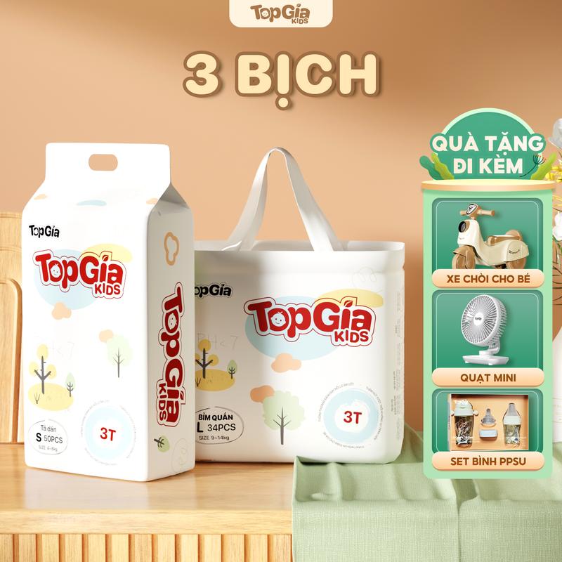 3 BỊCH (TẶNG QUÀ) Tã/Bỉm TopGiaKids pH < 7 ngừa hăm, đai chun đệm mây mềm mại co dãn 4 chiều, thấm hút bề mặt khô thoáng size S đến XXXL cho bé từ 4-20kg (bỉm)