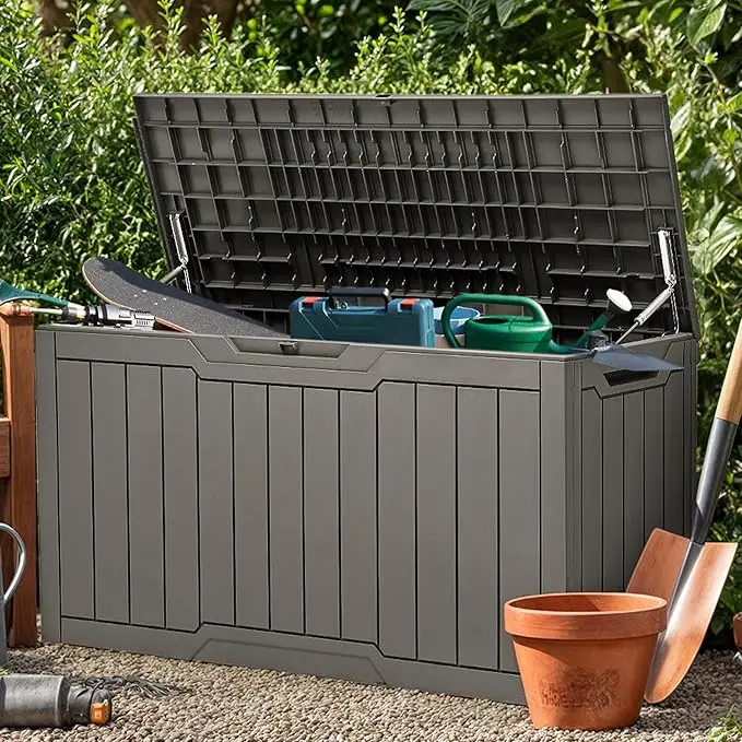 YITAHOME 100 Gallon Resin Deck Box, Weather Resistant Outdoor Storage Box, Lockable Indoor Outdoor Storage for Supplies and Essentials, Black/Taupe/Dark Grey 6