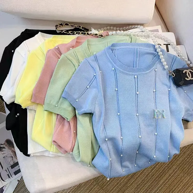 LNR Shop Lokal Premium Atasan Wanita Lengan Pendek Bahan Rajut dengan Mutiara Blouse Kaos Sweater Baju Santai Jalan Polos Ketat Kasual Halus Lembut Garis Garis Salur Leher O U Casual Dewasa not Crop Top Korean Style