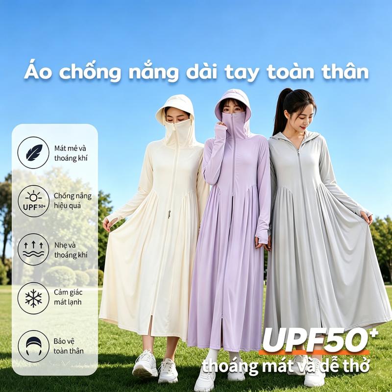 Áo Chống Nắng Toàn Thân UPF50+ Vải Mát Lạnh, Thoáng Khí, Che UV 99% - Phù Hợp Bà Bầu, Mũ Rộng Tháo Rời