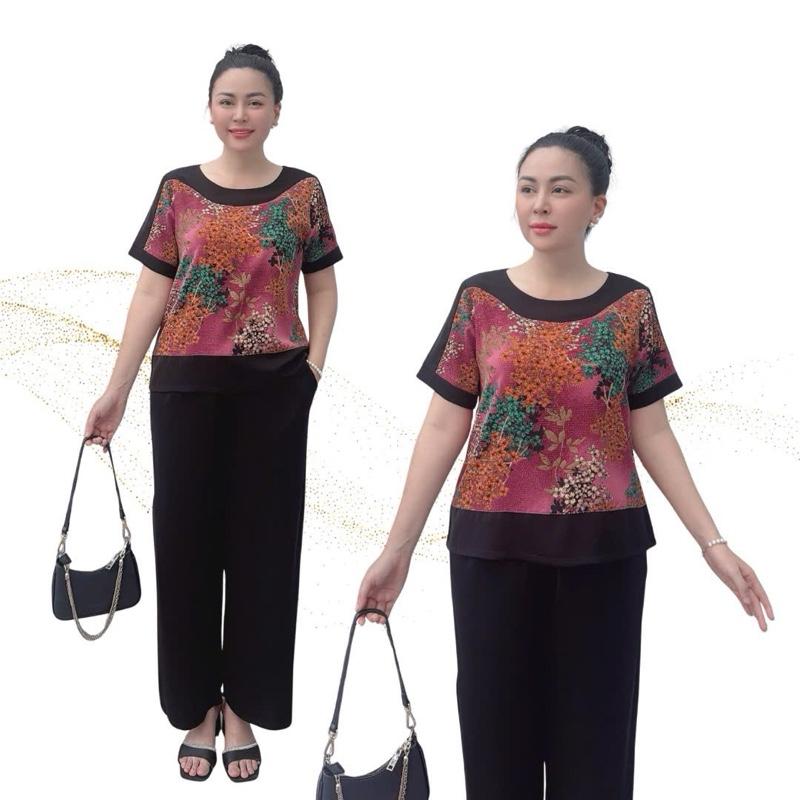  Y26 Bộ Đồ Trung Niên Lụa Mango Cao Cấp Quần Dài Cổ Tròn Phối Thiết Kế Sang Đủ Size 40-80KG Quần 