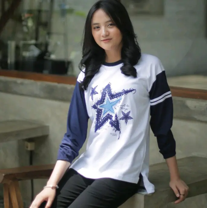 Baju Kaos Atasan Lengan Kerut 7/8 Bahan Katun Combed Tebal Lembut Nyaman Dipakai | Xhafana Star Oversized Dewasa | Navy Putih 1