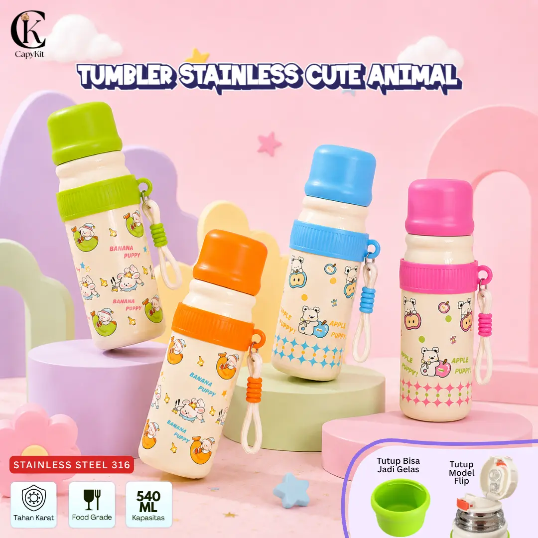 [MAKSAN PO 60 HARI]  Tumbler Cute Animal Stainless Steel SUS 316 540ml dengan Sedotan & Tutup Jadi Gelas