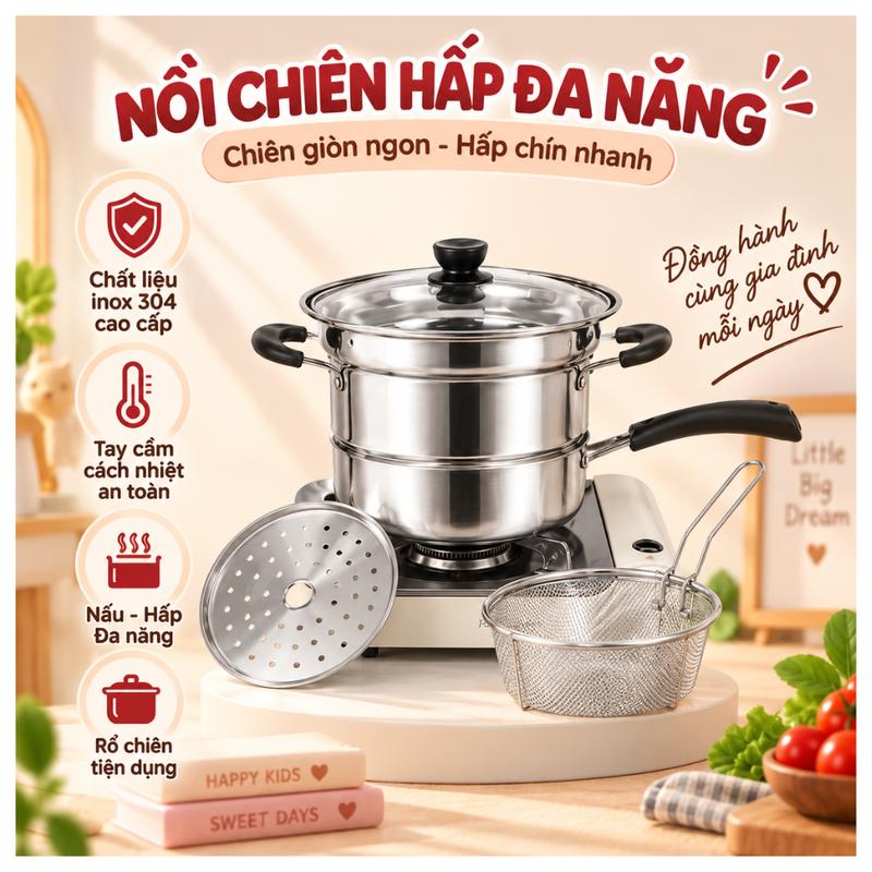 Nồi chiên ngập dầu, có xửng hấp và khay chiên, nồi hấp lòng inox 3 lớp chống ăn mòn đa năng cho gia đình,nhỏ gọn iết kiệm dầu