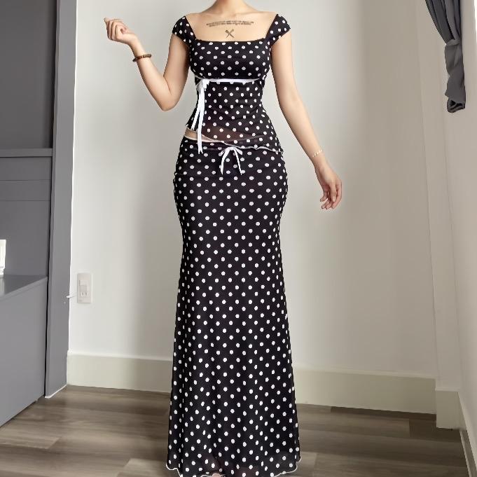 Set đầm body nữ chấm bi thắt nơ vibe tiểu thư nhẹ nhàng sang chảnh Lolystore dress women NH427