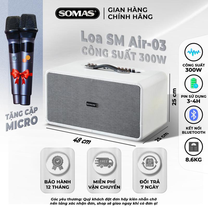Loa xách tay Karaoke SM Air-03, công suất đỉnh 300W, tặng kèm pin và 2 micro, bảo hành 12 tháng