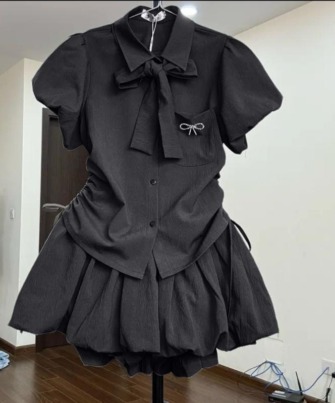 Set Áo Sơ Mi Tay Bồng Váy Bí Xòe Kèm Nơ Cài Siêu Xinh Cho Nữ