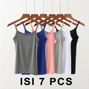 ISI 7 PCS tanktop wanita remaja / tengtop wanita / tank top wanita / tanktop tali kecil korea Katun Santai Crew Neck  Polos Setrip Hitam Atasan Cewek Dewasa Panjang Basic  pink tank top full body Rompi Kotak