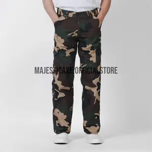 MAJESTIC AXE - Celana Cargo Loreng Tebal Saku Banyak Camo Reguler Fit Coklat Brown Army Nato Camo Vintage