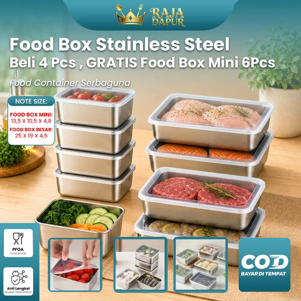 RAJA DAPUR Food Container Besar isi 4pcs Free Container Box Kecil isi 6pcs | Food Container Kulkas | Stainless Steel dengan Tutup