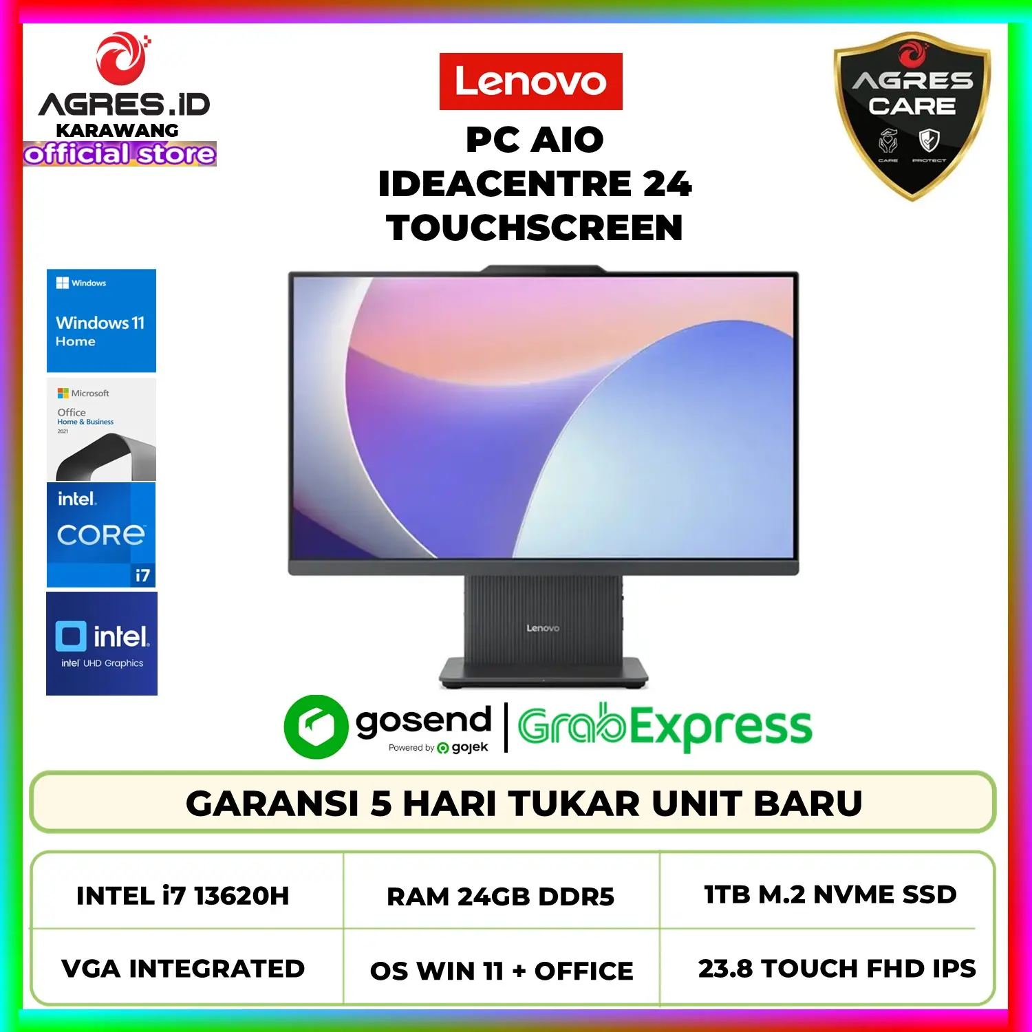 [BEST SELLER] Lenovo AIO IDEACENTRE 24 TOUCH intel i7 13620H Ram 24GB 1TB ssd W11+OHS layar 23.8FHD IPS