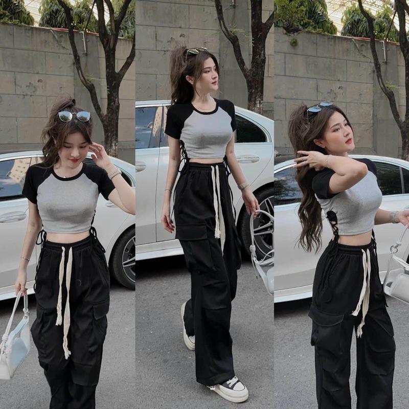 Quần kaki túi hộp ống rộng dây rút gấu cạp chun dáng suông dài quần jogger ống rộng nữ bo gấu cạp cao có co giãn Sport Gym