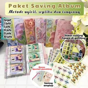 NabungViral Paket Saving Album Viral Metode Nyicil, stiker uang dan langsung Sticker Kertas Stationery Bonus Pouch Motif Random dan 5 Amplop Target 21.5jt Stiker Cutting Tanpa Gunting