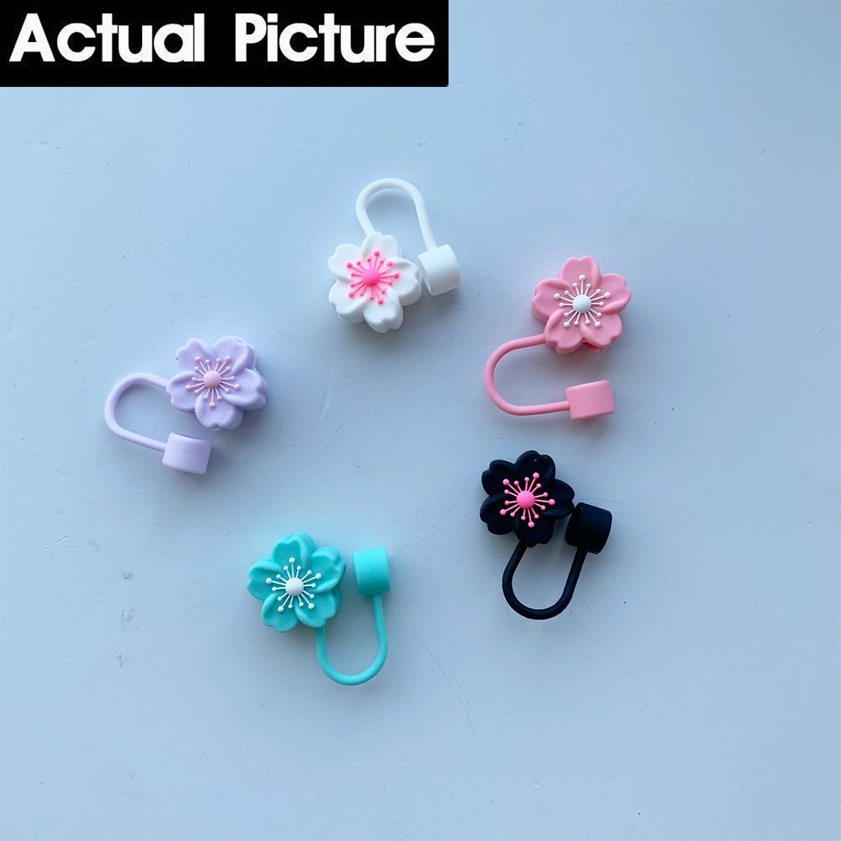 Penutup Tumbler Sedotan 10mm Silikon Reuseable Untuk Stanley Warna Putih Pink Ungu Hijau Hitam Bunga Sakura Anti Debu Cocok Segala Merek Gelas 40oz 20oz