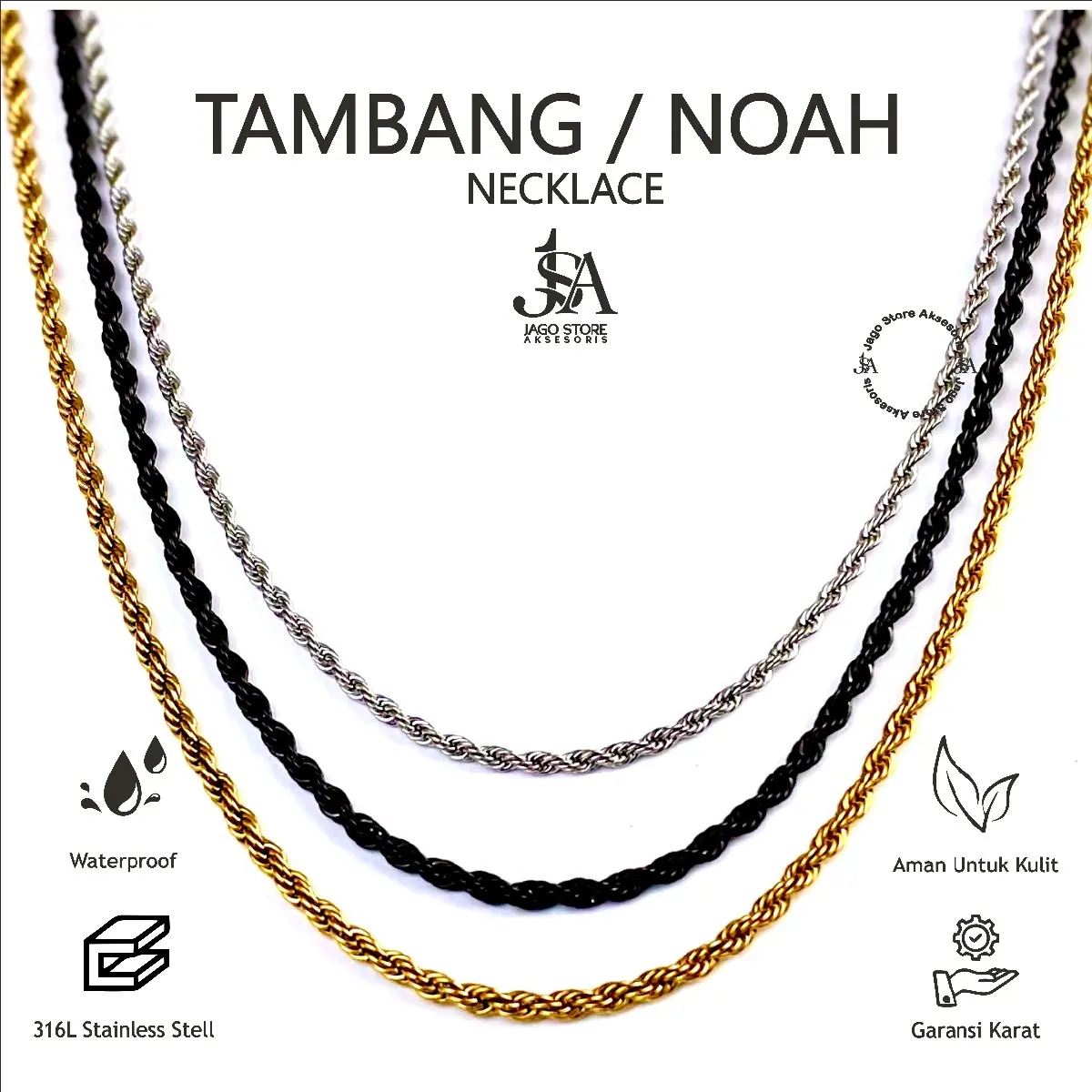 Kalung Titanium Rantai Tambang Anti Karat Aksesoris Perempuan Laki-laki Dewasa