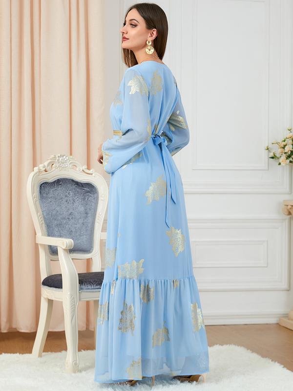 Baju Raya Middle East Dubai Muslim women's clothing with belt abaya fashion high-end hot stamping dress 8