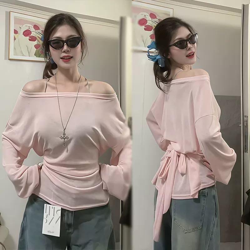  Áo thun trễ vai cột nơ chiết eo dài tay Freesize dưới 55kg  TẶNG KÈM ÁO YẾM- MS 01 