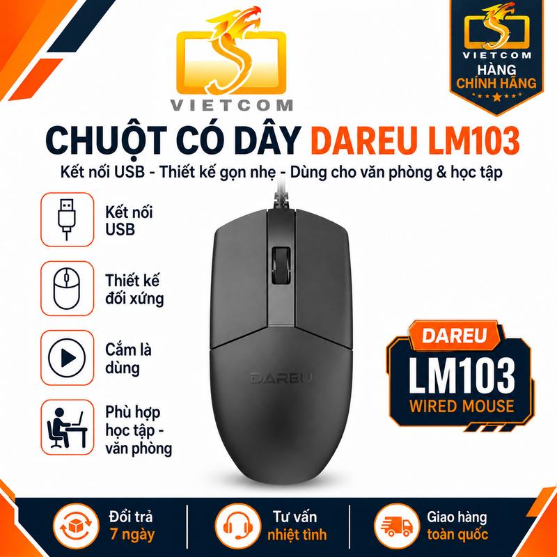 Chuột Có Dây DAREU LM103 Black 1200 DPI USB – Chuột Văn Phòng, Học Tập, Bền Bỉ, Chính Xác
