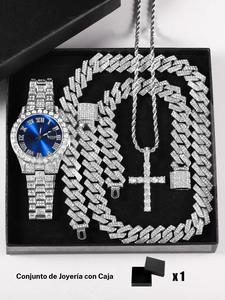 Set de Reloj de Lujo Punk con Collar Pulsera Colgante de Cruz, Movimiento de Cuarzo Analógico, Correa Ajustable, Caja de Regalo Unisex para Todas las Estaciones