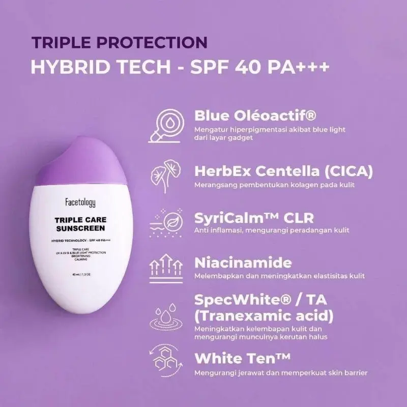 Facetology Triple Care Sunscreen SPF 40 PA+++ 40ml - Perlindungan Wajah - Perawatan, Facial Mencerahkan Vitamin 2