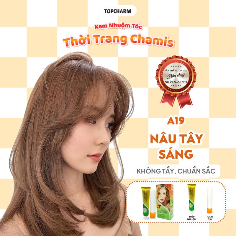  TOPCHARM Kem Nhuộm Tóc Màu NÂU TÂY SÁNG A19 Dưỡng Tóc Bóng Mềm Không Cần Tẩy Hạt Dẻ Mềm Mại Cuốn Hút Dịu Dàng Chamis  kèm oxy bao tay lược  